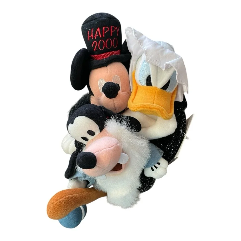Walt Disney 2000 Millennium Bean Bag Mickey, Donald & Goofy In Hat Plush‎ Set